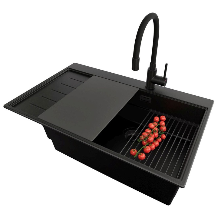 Chiuveta de bucatarie din granit 78x50cm, Chiuveta 1 Cuva + Baterie 40x38cm + Sifon + Set + Set, Pentru dulap de 60cm, Sydney PRIMAGRAN, Complet Negru S2241