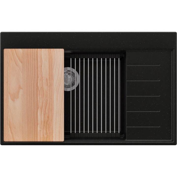 Chiuveta de bucatarie din granit 78x50cm, Chiuveta 1 Cuva + Sifon + Set + Set, Pentru dulap de 60cm, Sydney PRIMAGRAN, Negru Metalizat S2244