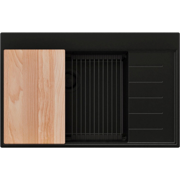 Chiuveta de bucatarie din granit 78x50cm, Chiuveta 1 Cuva + Sifon + Set + Set, Pentru dulap de 60cm, Sydney PRIMAGRAN, Complet Negru S2256