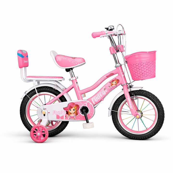 Bicicleta copii 14 inch Princess cu roti ajutatoare, cos si scaun spate – bicicleta fete 3-5 ani
