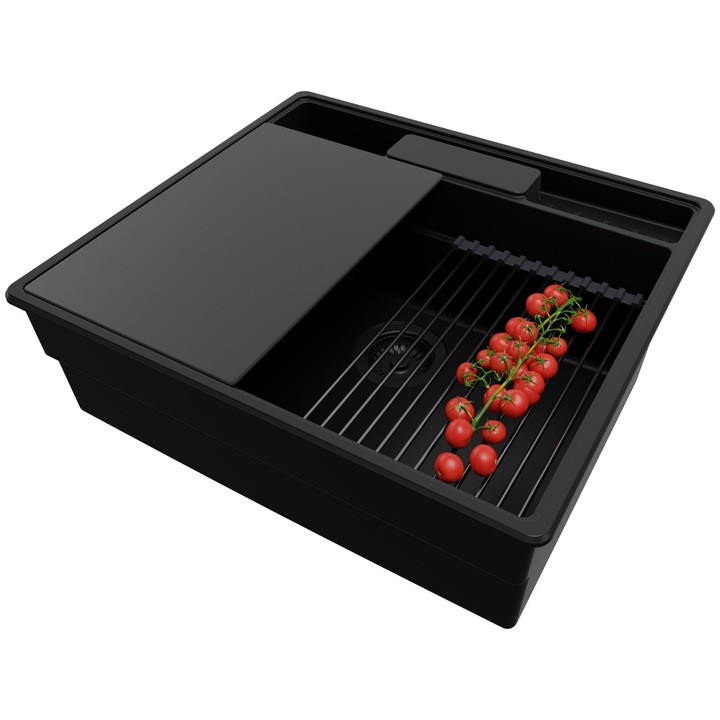 Chiuveta bucatarie PrimaGran New York 60 Multispace, 1 Cuva + Sifon + Set, Negru, 58x53cm