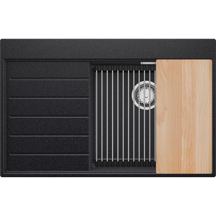 Chiuveta de bucatarie din granit 78x50cm, 1 Cuva + Sifon + Set, Pentru dulap de 50cm, Sydney PRIMAGRAN, Grafit S1255