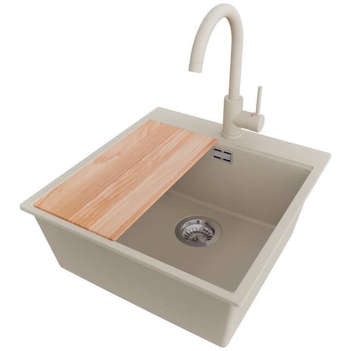 Chiuveta bucatarie PrimaGran Oslo 50 Top, 1 Cuva XXL, Bej S1478, 48x50cm, set complet cu baterie si sifon