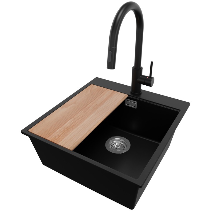 Chiuveta de bucatarie, Primagran, Oslo 50 Top, cuva XXL, baterie inclusa, Negru, 48x50cm