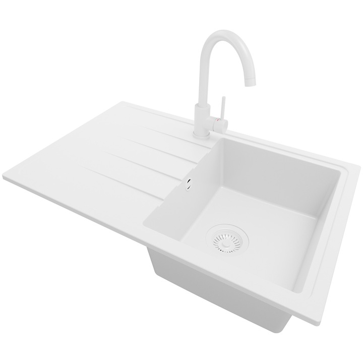 Chiuveta de bucatarie Primagran Milano 1 cuva, cu sifon si baterie, alba, 78x50cm