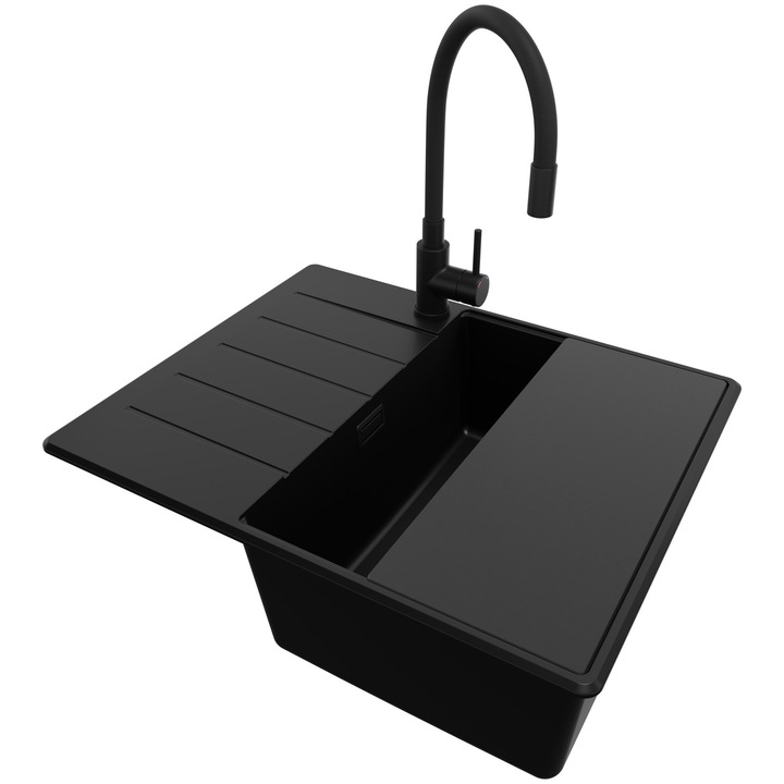 Chiuveta de bucatarie din granit 62x50cm, Chiuveta 1 Cuva + Baterie 40x38cm + Sifon, Pentru dulap de 45cm, Copenhaga PRIMAGRAN, Complet Negru S1932