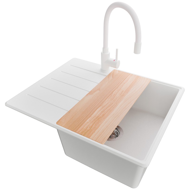 Chiuveta de bucatarie Primagran Copenhaga, 1 cuva, alb, 62x50cm, cu baterie si sifon inclus