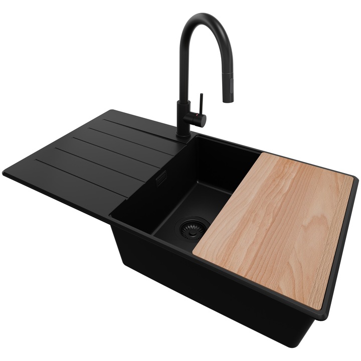 Chiuveta de bucatarie din granit 90x50cm, Chiuveta 1 Cuva + Baterie 40x20cm + Sifon, Pentru dulap de 60cm, Copenhaga PRIMAGRAN, Complet Negru S2073