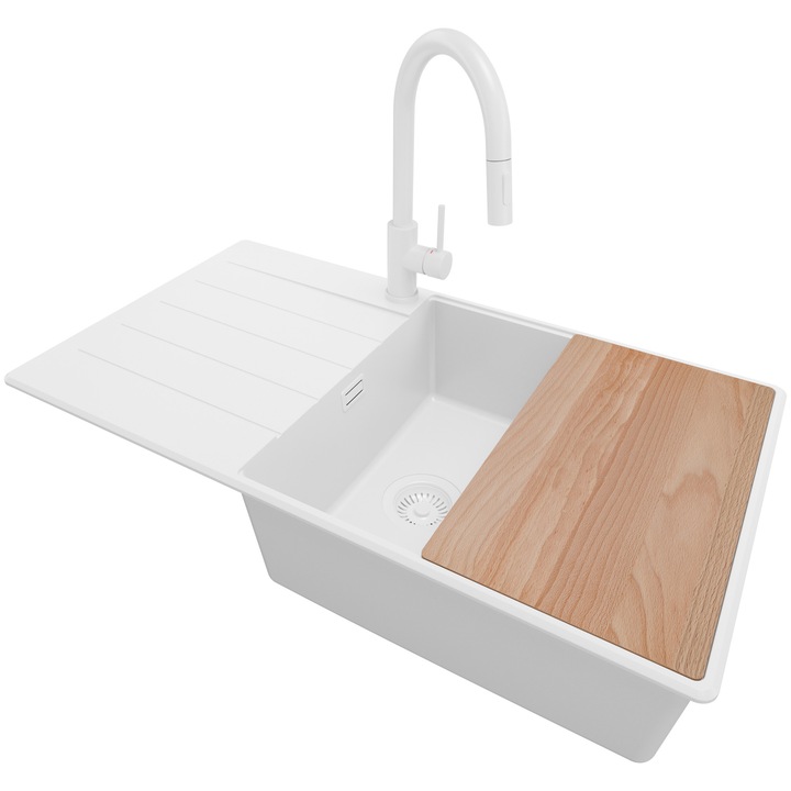 Chiuveta de bucatarie din granit 90x50cm, Chiuveta 1 Cuva + Baterie 40x20cm + Sifon, Pentru dulap de 60cm, Copenhaga PRIMAGRAN, Complet Alb S2075