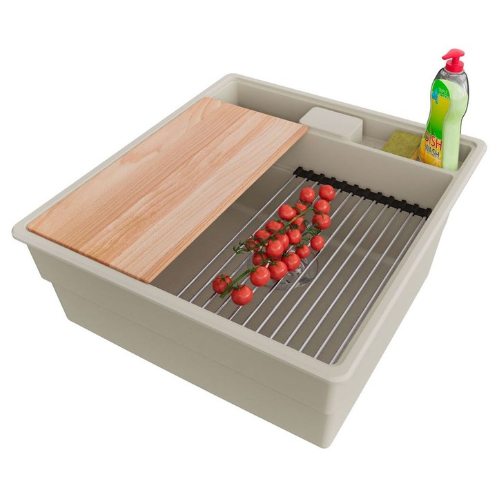 Chiuveta de bucatarie din granit 48x53cm, Chiuveta 1 Cuva + Sifon + Set, Pentru dulap de 50cm, New York PRIMAGRAN, Bej S2119