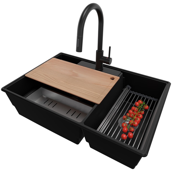 Chiuveta de bucatarie PrimaGran Paris 80 Work&Store, 2 cuve, baterie neagra, 78x53cm