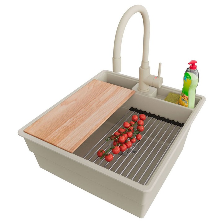 Chiuvetă de bucătărie PrimaGran New York 50 Multispace, 1 cuvă, set complet, Bej, 48x53cm