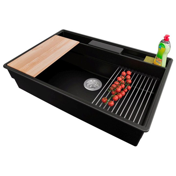 Chiuveta de bucatarie din granit 78x53cm, Chiuveta 1 Cuva + Sifon + Set, Pentru dulap de 80cm, New York PRIMAGRAN, Negru Metalizat S2138