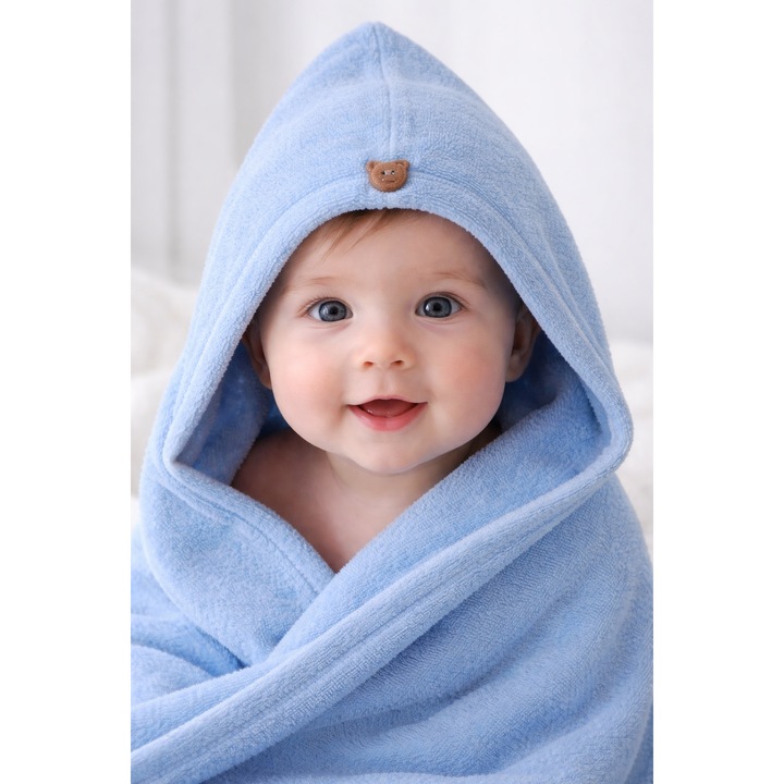 Prosop cu gluga, din bumbac, 65x35 cm, pentru copii, Mini Junior P1303AL-1, Albastru 65 x 35 cm