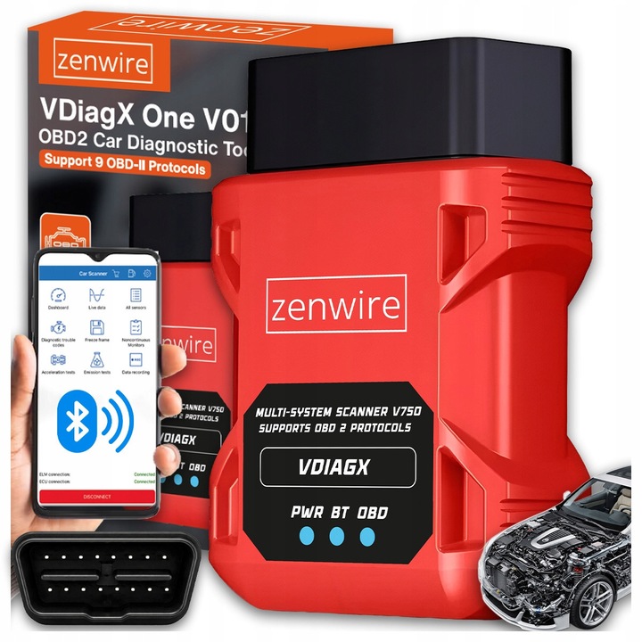 OBD2 ELM327 diagnosztikai szkenner, interfész, autós számítógép, VDiagX V016 Zenwire