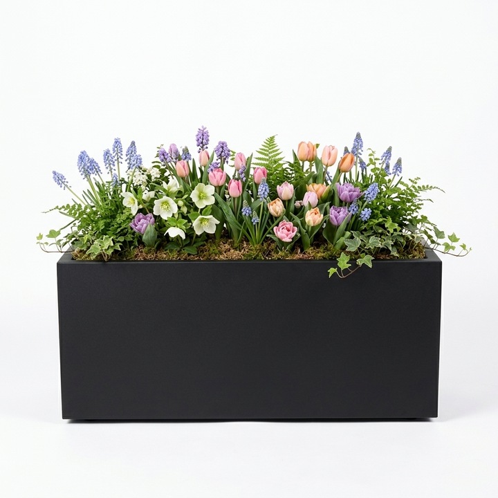 Jardiniera metalica, culoare Neagra, 90x35x45 cm, din tabla zincata, pentru exterior si interior