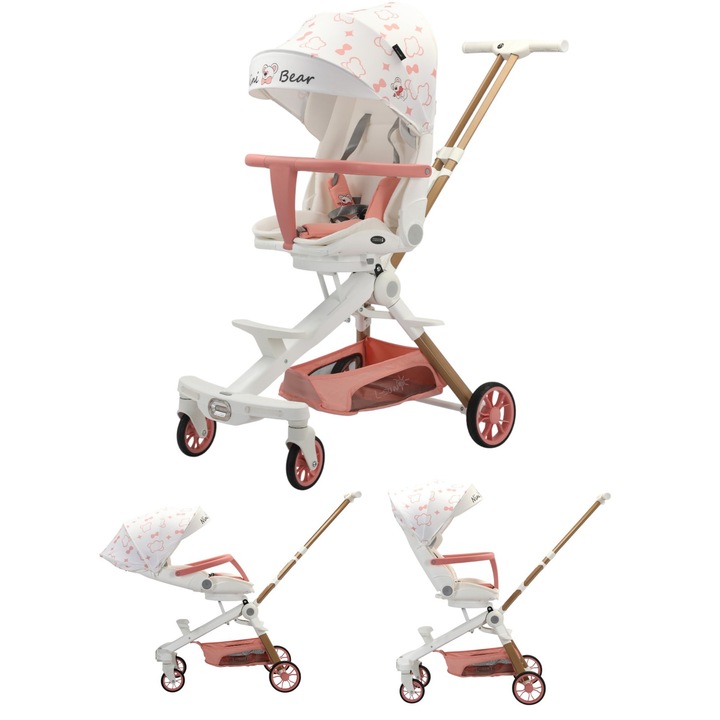 Carucior Copii Sport Compact, Pliabil, Scaun Reversibil, Pozitie De Somn, Copertina Extensibila, Far Luminos Si Muzica, Varsta Recomandata 6-36 Luni, Culoare Alb Cu Roz