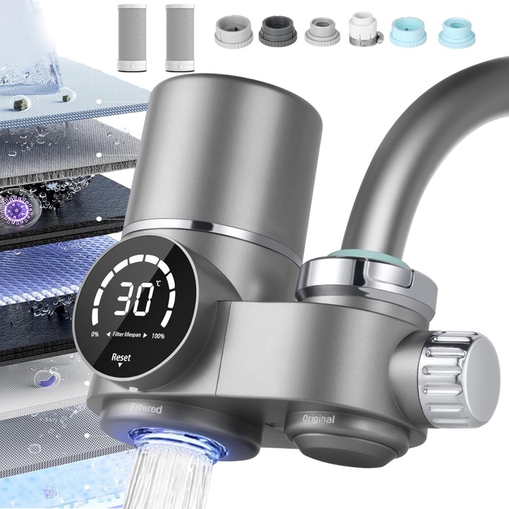 Filtru de apă pentru robinet Bedee, 13 straturi, tehnologie hidroelectrică, gri, 14, 1x11, 2x6, 5cm