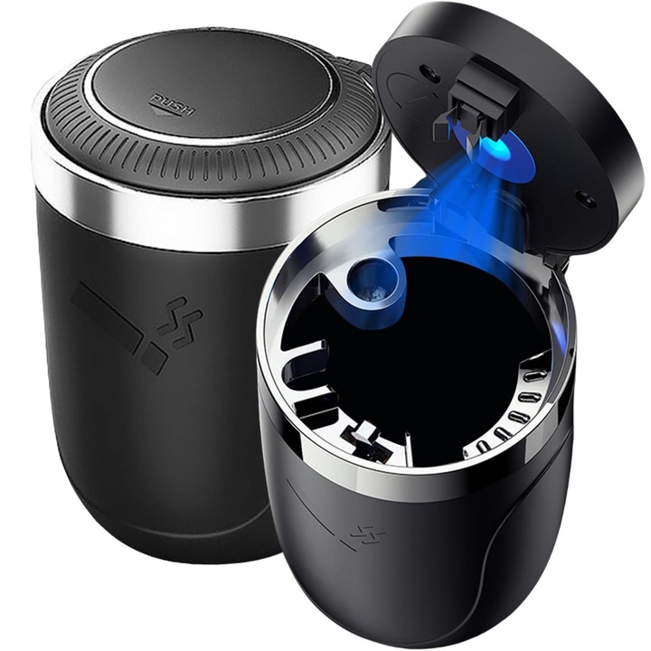 Set 2 scrumiere auto, Bedee, cu LED, design capac arc, inox, ABS, 10.2x7cm, Negru