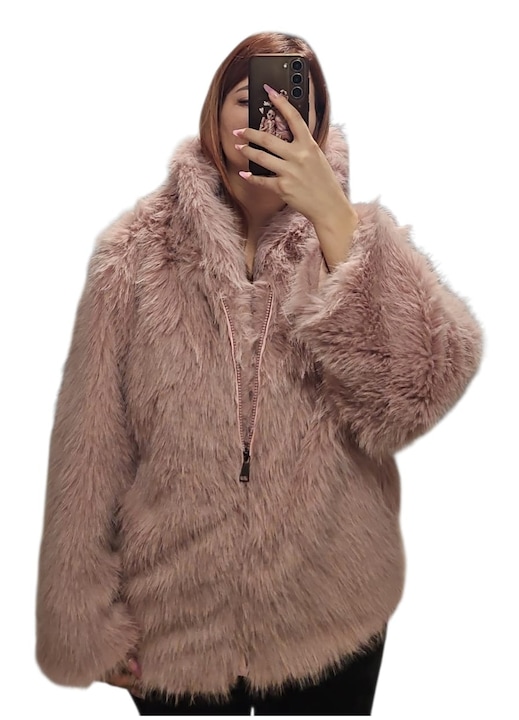 Blanita dama Roz deschis pufoasa cu gluga- jacheta calduroasa cu fermoar XL INTL