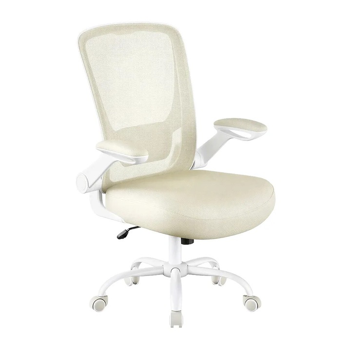 Scaun de birou pentru studiu Songmics, tapiterie textila plasa, H103-110 cm, ideal pentru birou/studiu/home office, mecanism de balans, inaltime ajustabila, baza stabila cu roti, suport lombar ajustabil, spatar mesh respirabil, sezut confortabil, bej