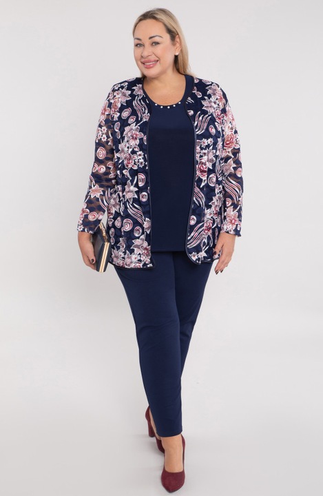 Compleu MDR24, bluza cu bretele late si cardigan cu maneci lungi, bleumarin cu flori albe si rosii, marimea 52-54