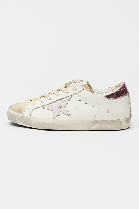 GOLDEN GOOSE, Pantofi sport Super-Star Classic din piele cu detalii stralucitoare, Roz deschis/Alb murdar