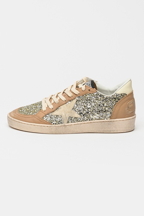 GOLDEN GOOSE, Pantofi sport Ball Star din piele cu aspect stralucitor, Maro deschis/Argintiu