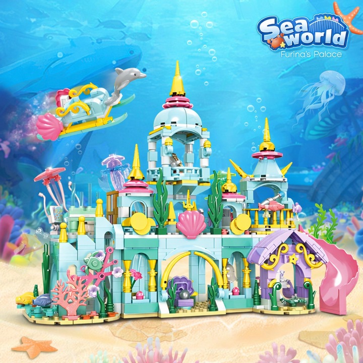 Комплект за строителство с блокови части MiniBric® Furina's Palace, колекция Sea World, замък, розов, пастелен, русалки, за момичета, 11833, модулна конструкция, идеален подарък за деца, запалени по строителни играчки, 752 части