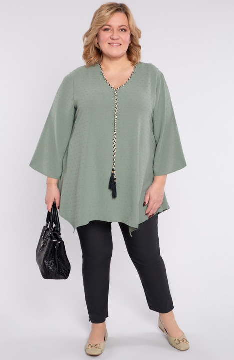 MDR24 női tunika khaki színben, 3/4-es ujjú, V-nyakú, 46-48 EU