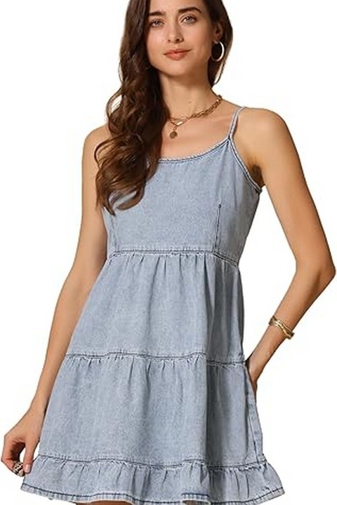 Rochie de dama Allegra K din denim, mini, cu bretele spaghete si volane, albastru deschis, Albastru deschis