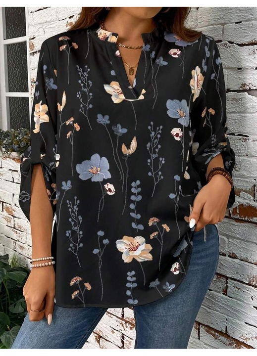 Bluză dama cu imprimeu flori, neagră, mână căzută, XL
