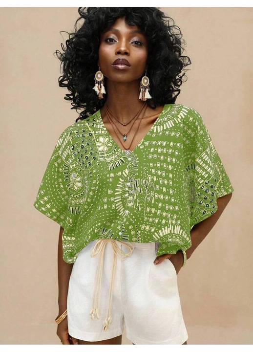 Női blúz, zöld, mintás, rövid ujjú, XL