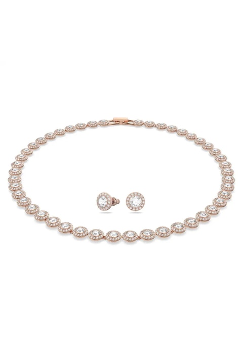 Set Bijuterii Angel, Cercei și Colier, Aur alb 18K, Rose Gold, 42cm ajustabil