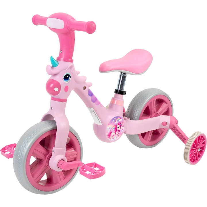 Bicicleta Action One 2 in 1, cu roti ajutatoare si pedale detasabile, roz