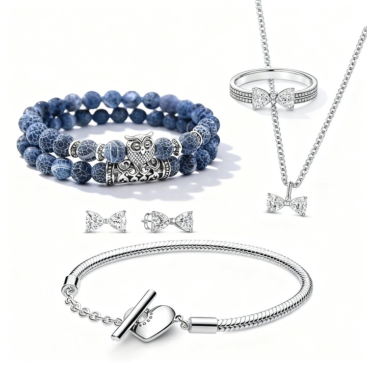 Set bijuterii femei, Diora, bratara placata cu argint cu pandantiv inima, 2 bratari din pietre energetice, multicolor