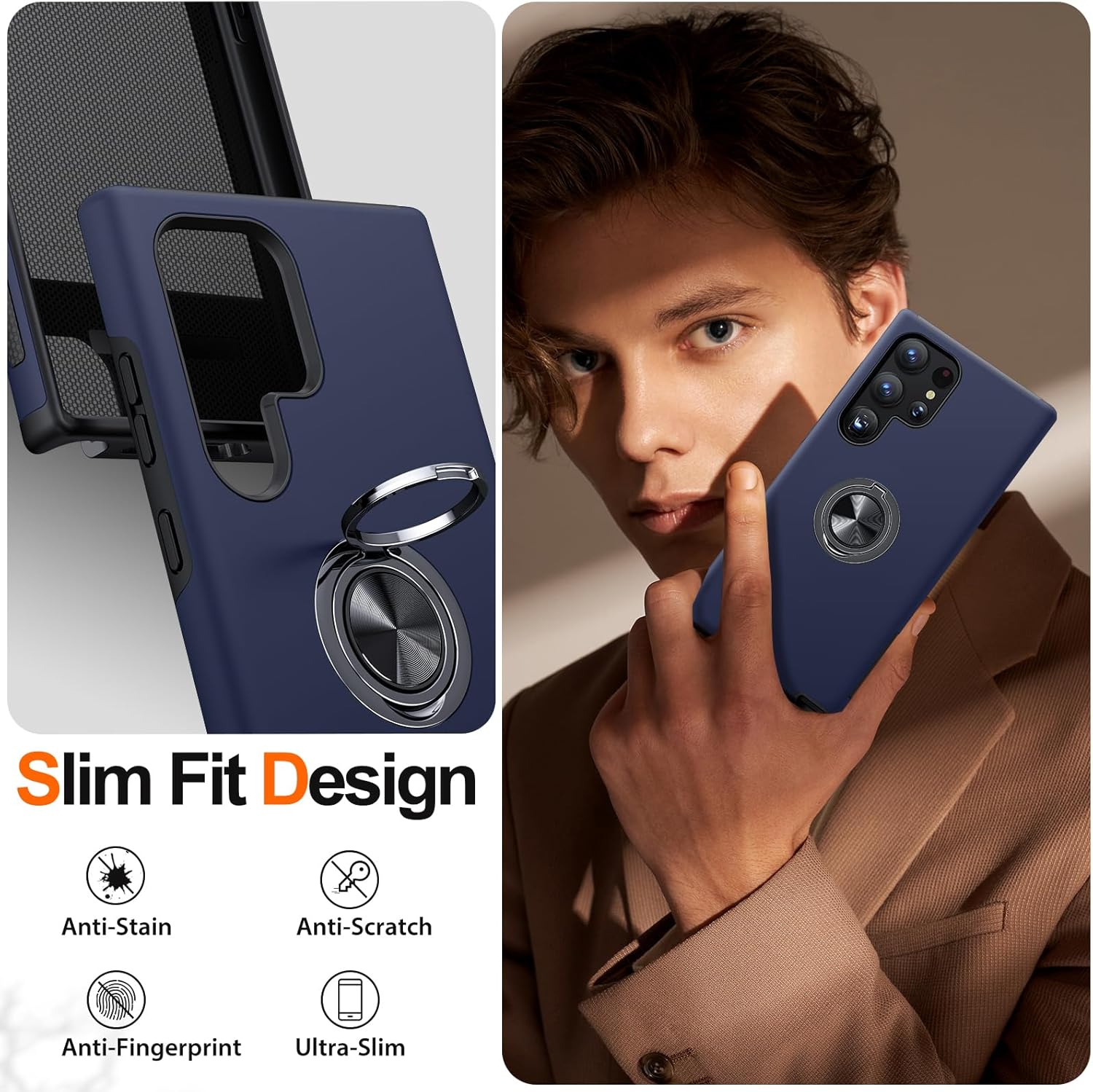 Husă de protecție TYBO pentru Samsung Galaxy S26 Ultra, Hybrid Antisoc, Inel rotativ 360, Albastră