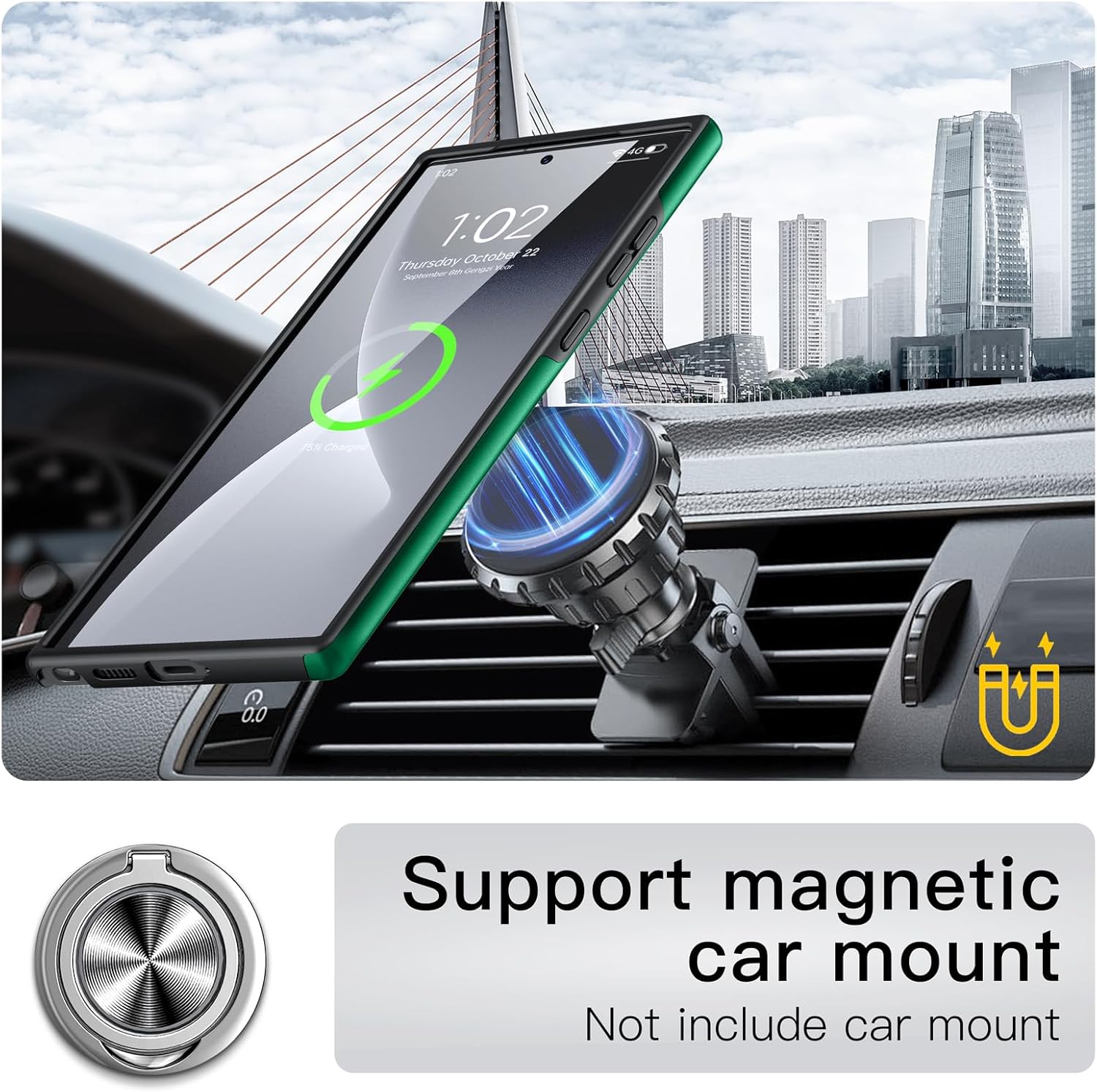 Husă de protecție TYBO, hybrid antisoc, inel rotativ 360, verde, compatibilă cu Samsung Galaxy S26 Ultra