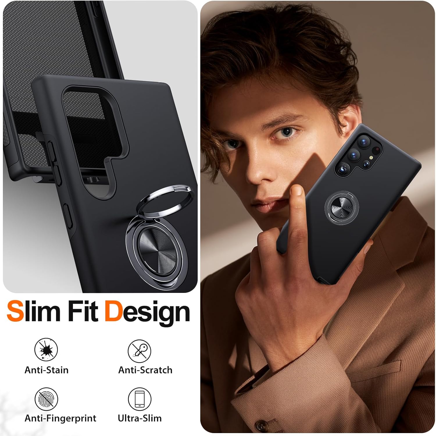 Husă de protecție TYBO, pentru Samsung Galaxy S26 Ultra, Hybrid Antisoc, inel rotativ 360, neagră