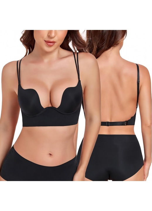 Sutien push-up Lemorosy Backless, spate gol, Negru, Negru