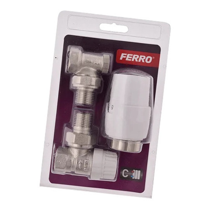 Set termostat pentru calorifer, Ferro, 1/2", Otel, Alb