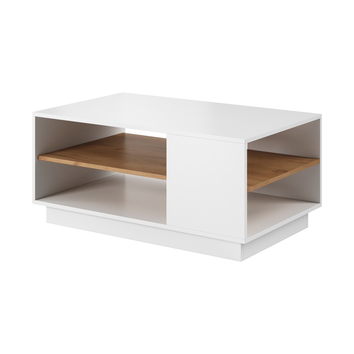 Masuta de cafea Etne Komodee, cu polita, sistem push-to-open, PAL melaminat, 46 x 100 x 60 cm, Alb/Stejar auriu