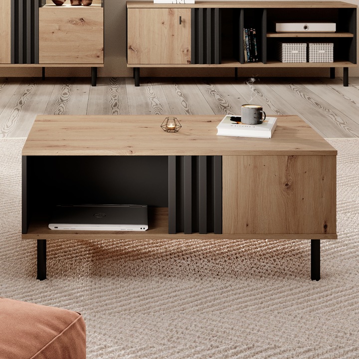 Masa de cafea MANDAL Komodee, cu sertar, finisaj mat, Stejar, 43 x 100 x 60 cm, Antracit/Stejar