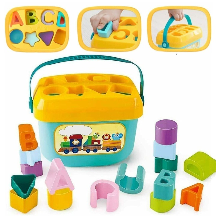 Cutie sortator RCO® cu forme geometrice si litere Baby First Blocks pentru invatare prin joaca, 16 piese colorate, WW6024