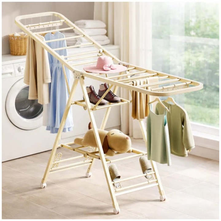 Uscator Rufe Vivendo Metalic Pliabil 180x130 Cm cu Roti Suport Incaltaminte Aripi Laterale Beige