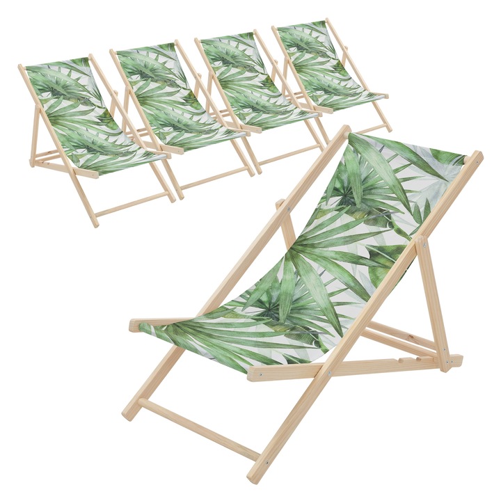 5x Плажни столове ECD Germany от дърво, дизайн зелено-бяла палма, шезлонг с 3 регулируеми позиции на наклон, капацитет 120 кг, мебели за тераса, градина, басейн