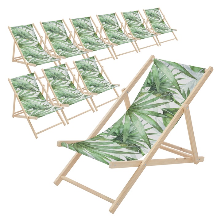 10x Плажни столове ECD Germany от дърво, дизайн зелено-бяла палма, шезлонг регулируем в 3 позиции на наклон, капацитет 120 кг, мебели за тераса, градина, басейн