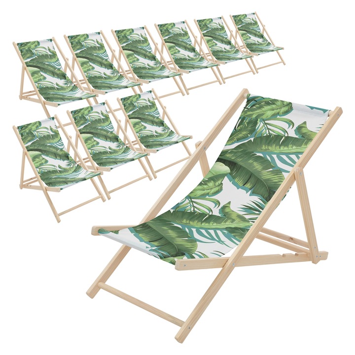 10x Плажни столове ECD Germany от дърво, тропически зелено-бял дизайн, регулируем шезлонг в 3 позиции на наклон, капацитет 120 кг, мебели за тераса, градина, басейн