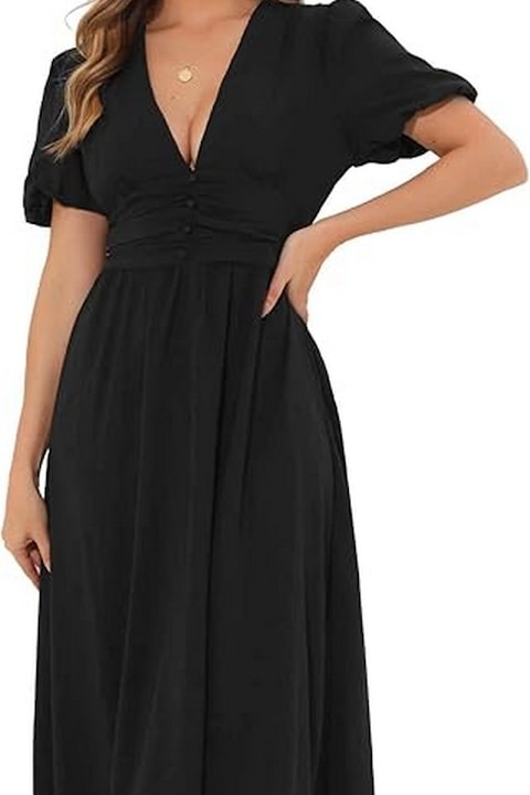 Rochie eleganta maxi cu decolteu in V pentru femei Allegra K, cu maneca scurta, casual, cu talie elastica, solida, eleganta, in linie A, negru, marime S