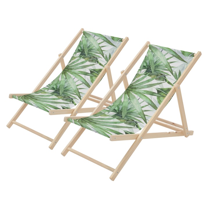 2x Плажни столове ECD Germany от дърво, дизайн зелено-бяла палма, шезлонг с регулируем наклон в 3 позиции, капацитет 120 кг, мебели за тераса, градина, басейн